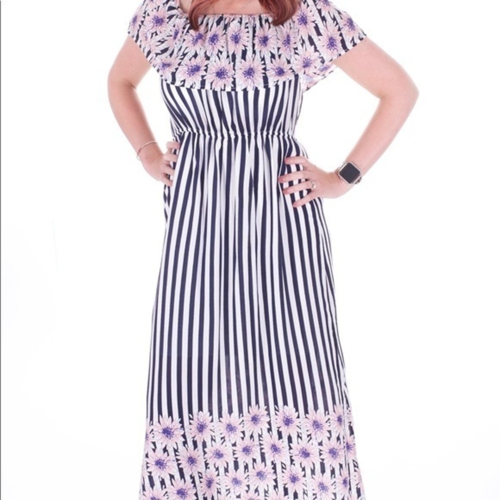 Kori Off The Shoulder Floral And Stripes Ruffle Dress